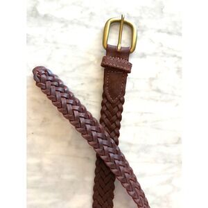 Vintage Braided Leather Belt Brown Woven Brass Buckle Small 22 24 Mexico Boho